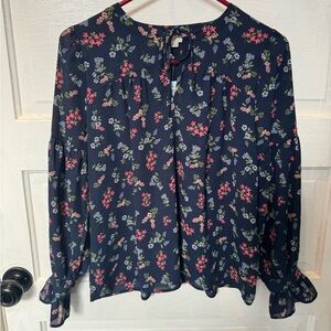 Loft XS Petite Navy Floral Tie Neck Blouse